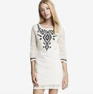 Express Dress Size Medium White Lace Embroidered Aztec Southwestern Tribal